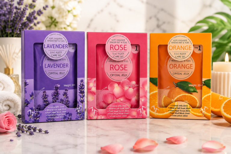 Beauty Crown Luxury 5 IN 1 Foot Spa Care Kit featuring Lavender, Rose, and Orange variants for salon-quality foot care at home in UAE.