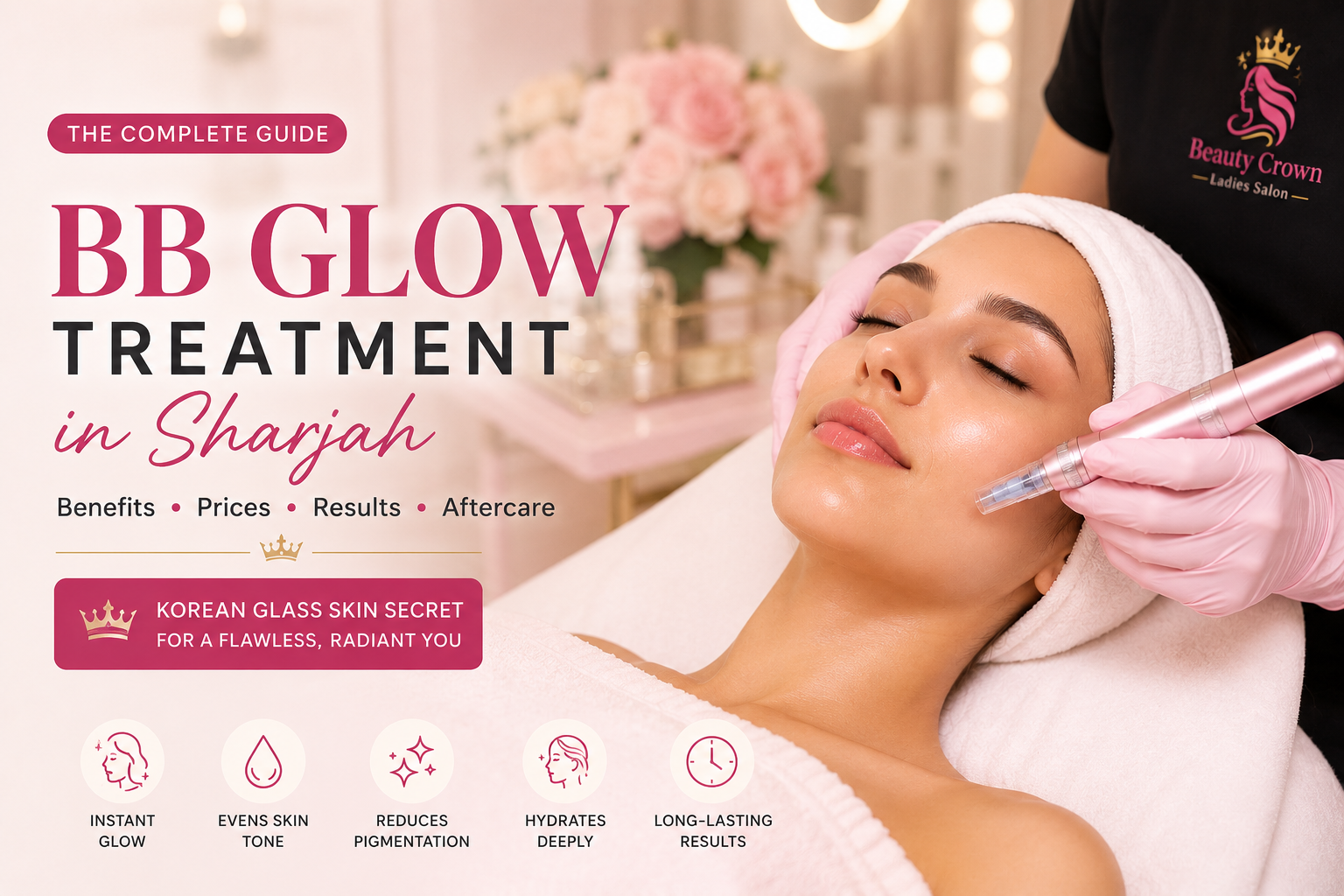 Professional BB Glow Treatment in Sharjah showing a woman receiving a Korean-inspired microneedling facial for brighter, smoother, glowing skin at Beauty Crown Ladies Salon in Al Nahda, Sharjah.