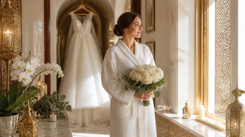 Bride-to-be enjoying a luxury Moroccan Bath preparation at Beauty Crown Ladies Salon in Sharjah before her wedding or special event.