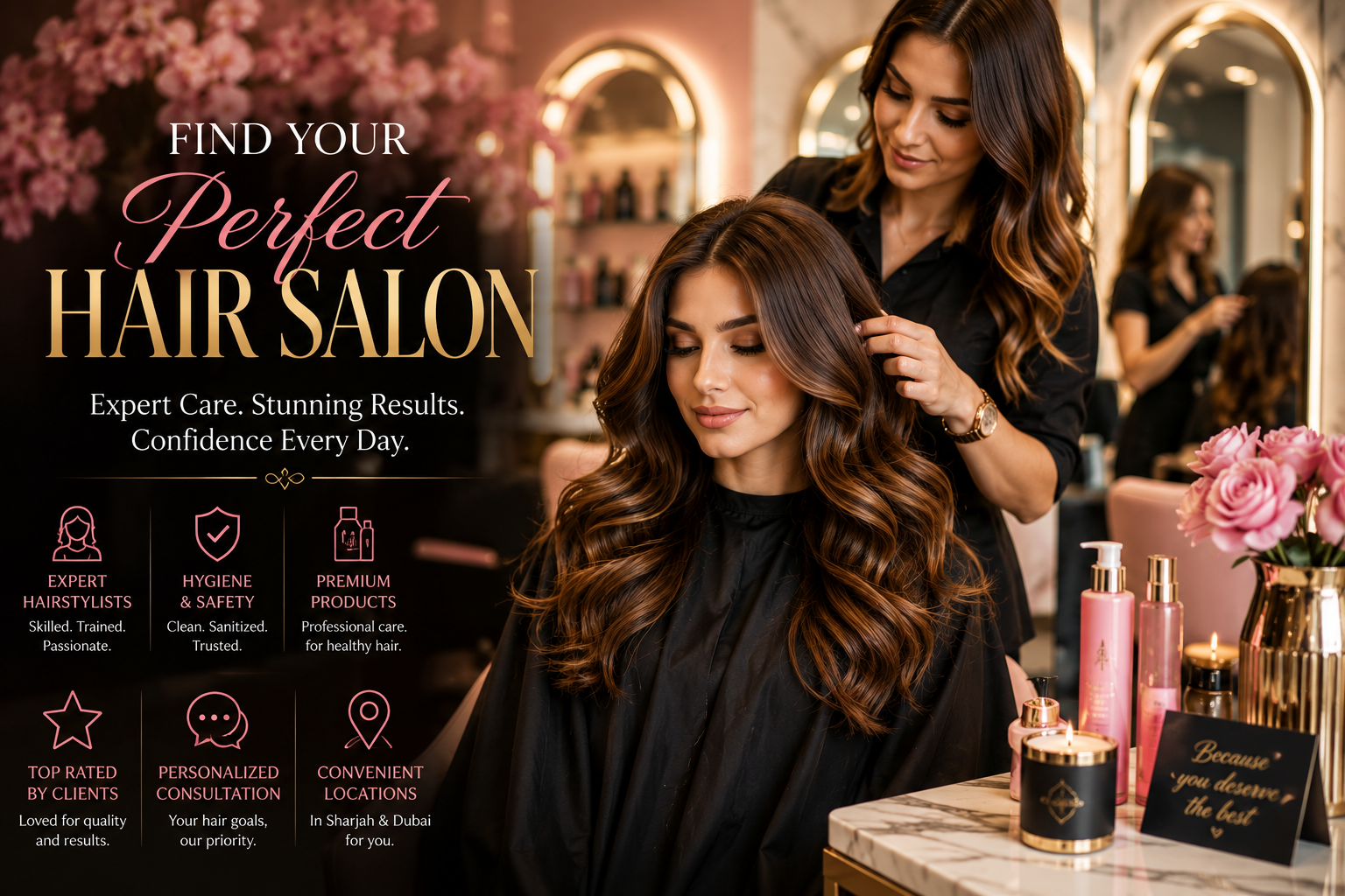 Professional hairstylist creating a beautiful hair transformation at a hair salon near me in Al Nahda Sharjah