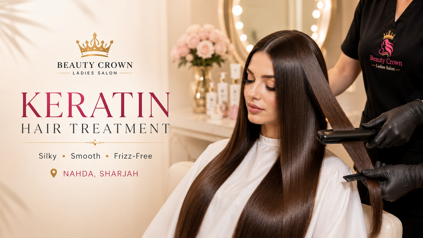 Professional keratin hair treatment at Beauty Crown Ladies Salon in Nahda, Sharjah, featuring silky smooth, frizz-free, shiny hair after a premium salon keratin treatment.