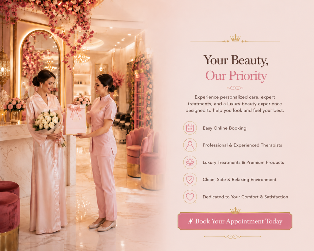 Elegant interior of Beauty Crown Ladies Salon, a luxury beauty salon in Sharjah offering premium beauty treatments in a stylish and welcoming environment.