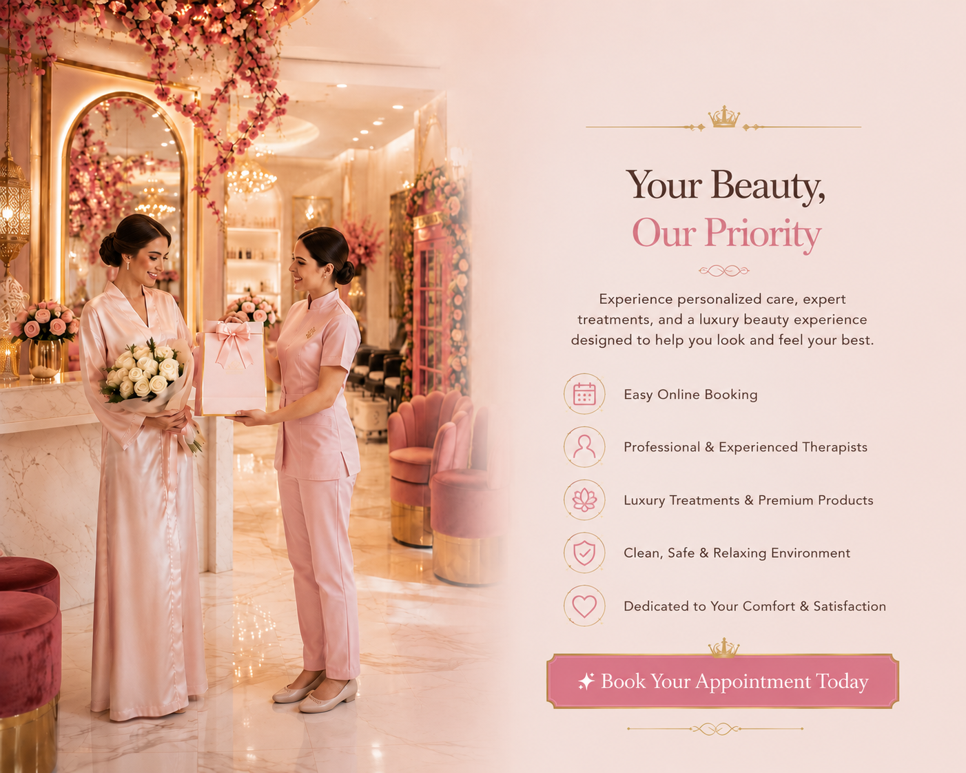Elegant interior of Beauty Crown Ladies Salon, a luxury beauty salon in Sharjah offering premium beauty treatments in a stylish and welcoming environment.