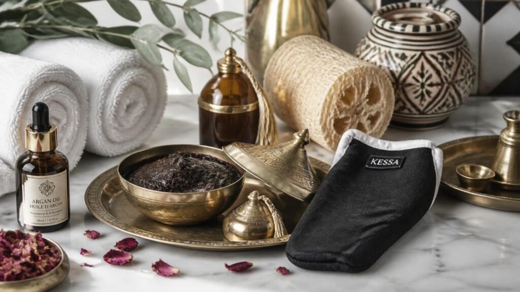 Moroccan Bath essentials including black soap, kessa glove, argan oil, towels, and spa accessories