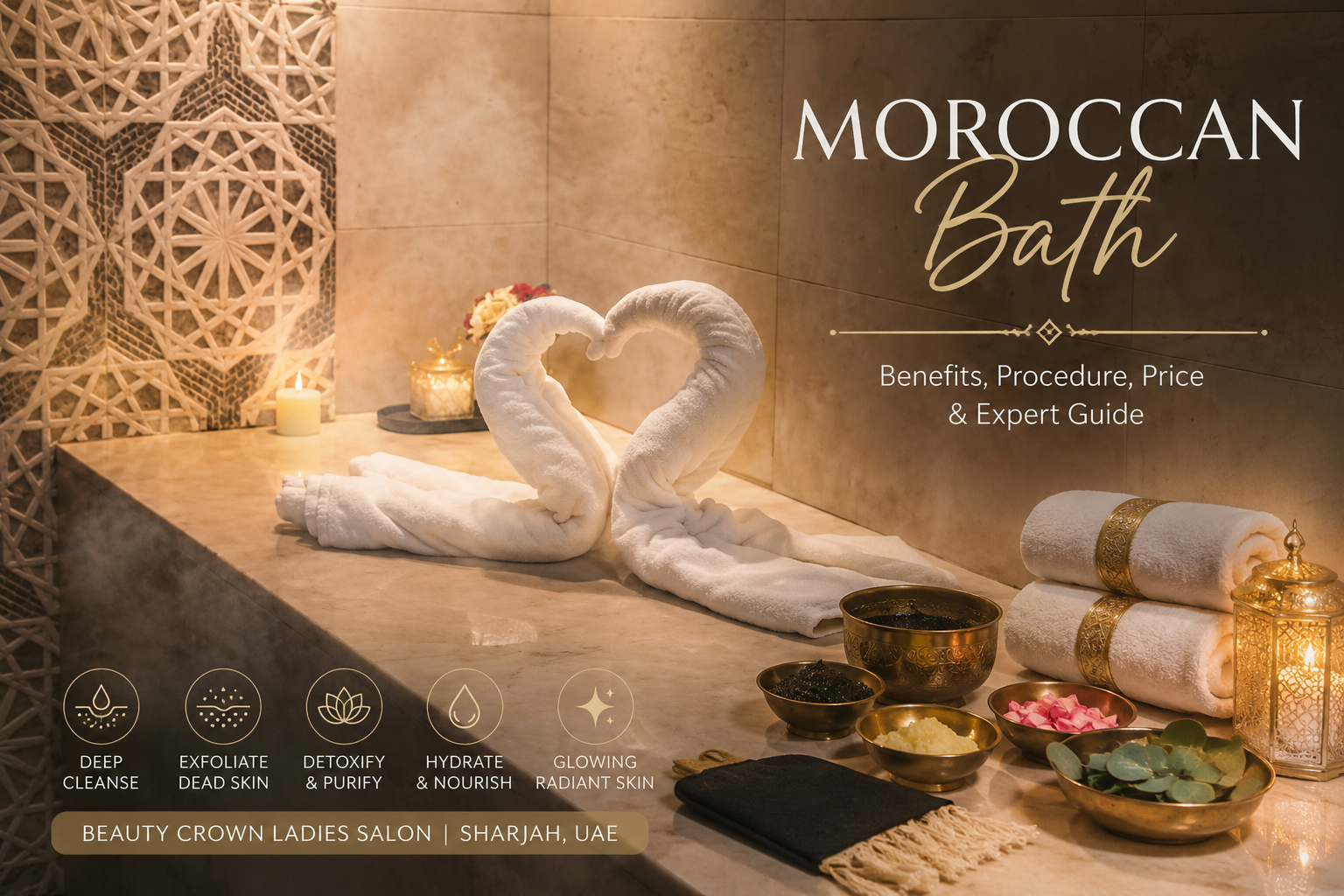Luxury Moroccan Bath room at Beauty Crown Ladies Salon in Sharjah featuring marble interiors, steam, and traditional Moroccan spa décor