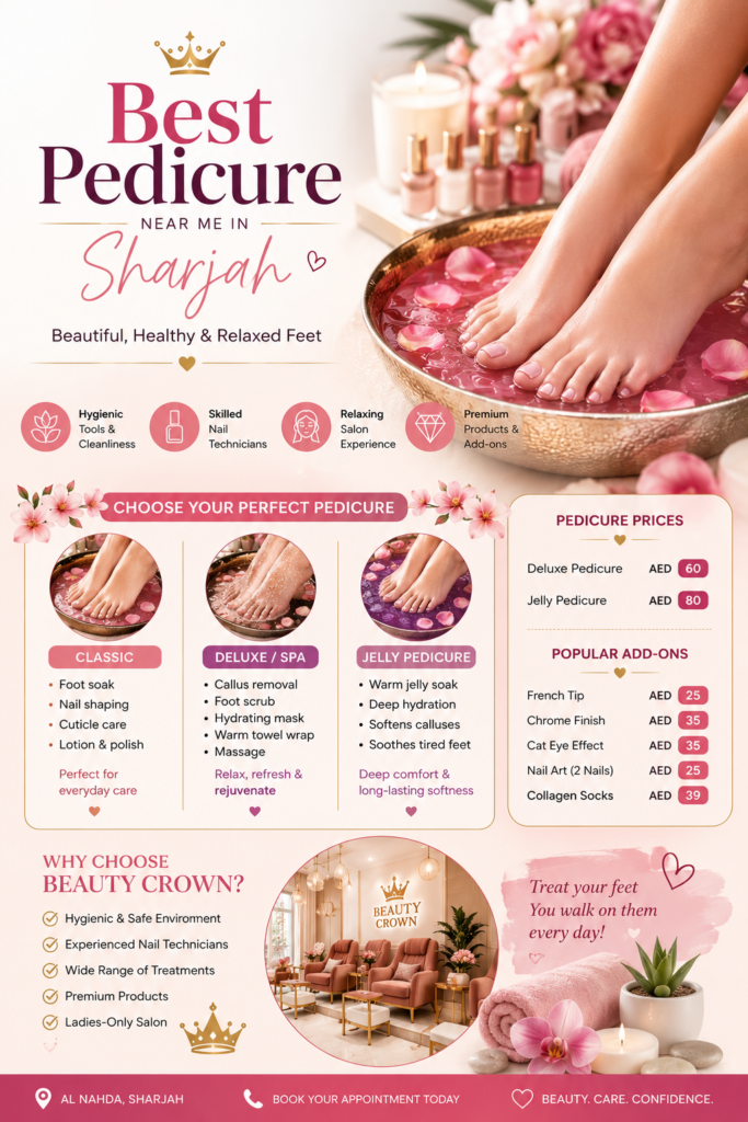 Pedicure guide infographic showing different pedicure types, prices, and nail care tips in Sharjah