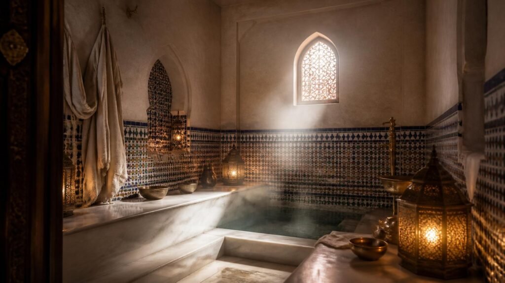 Traditional Moroccan Hammam with authentic arches, zellige tiles, marble, and lanterns