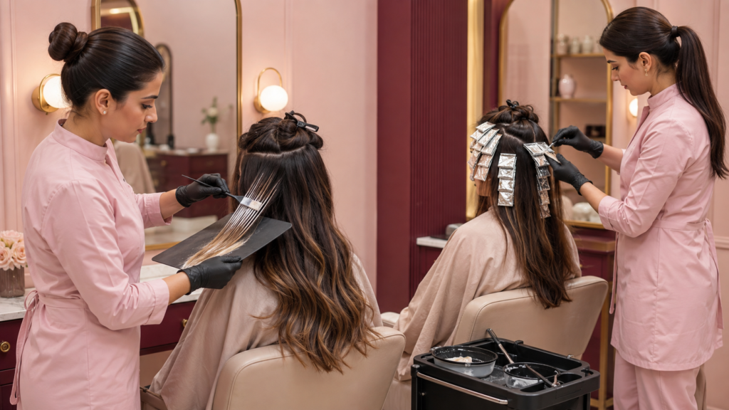 Balayage hand-painting and traditional foil highlights application techniques