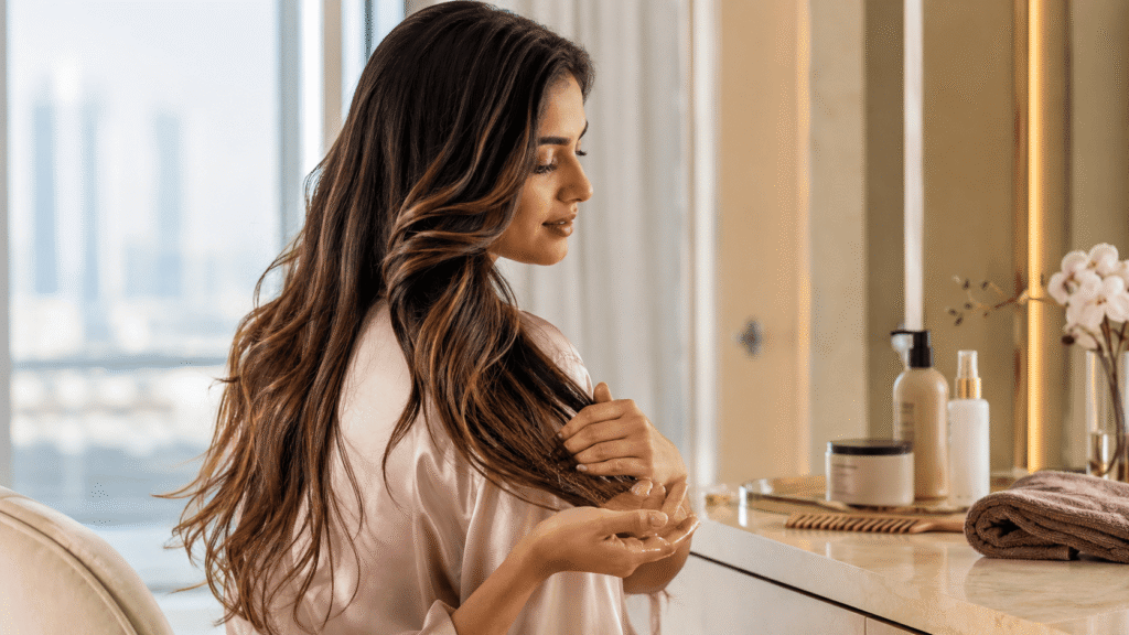 Woman caring for balayage hair in warm UAE weather