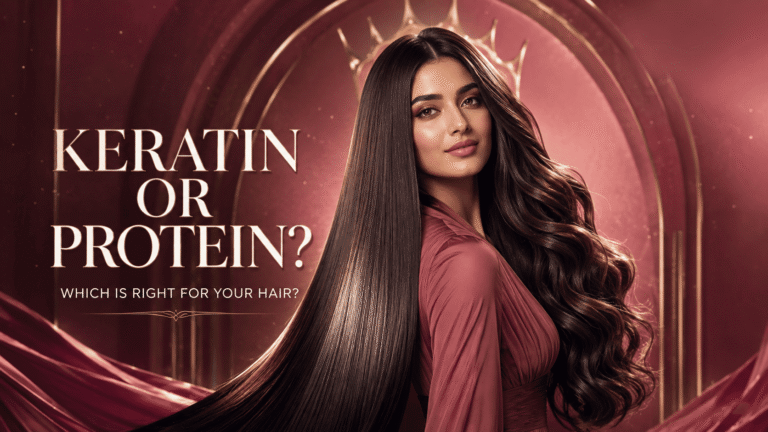Keratin vs protein treatment comparison showing sleek straight hair and soft voluminous hair at Beauty Crown Ladies Salon in Sharjah.